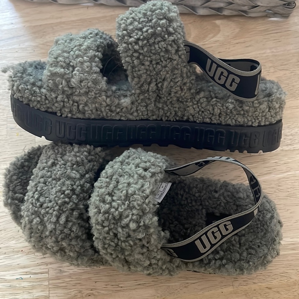 Uggs Gray Fluffita Logo Strap Slippers